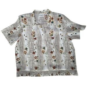 Alfred Dunner Petite 16P Floral Button Up Blouse Short Sleeve Top Beige